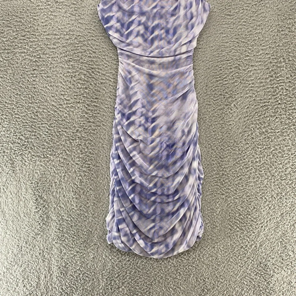 Zara Mesh Dress Womens Medium Cut Out Open Back Ruched Tie Dye Lavender - Picture 3 of 13